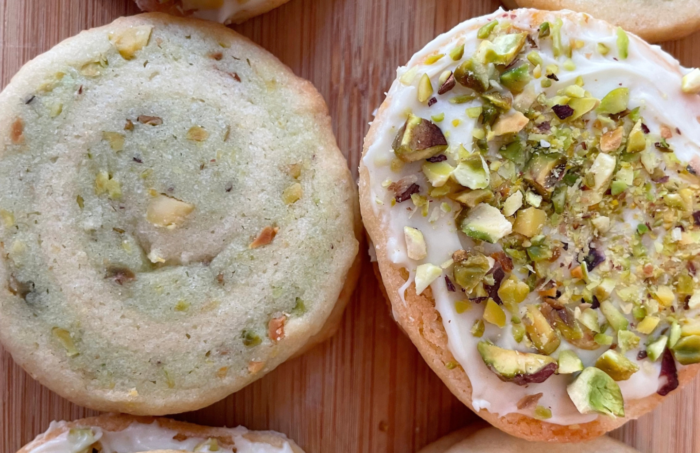 Lemon Pistachio Pinwheel Icebox Cookies with a White Chocolate Finish