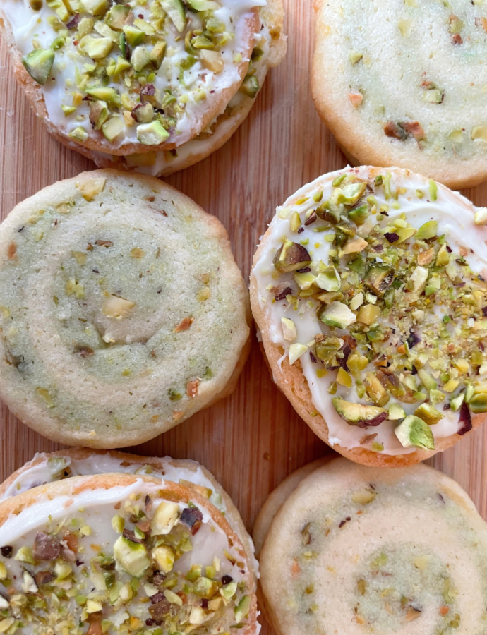 Lemon Pistachio Pinwheel Icebox Cookies with a White Chocolate Finish